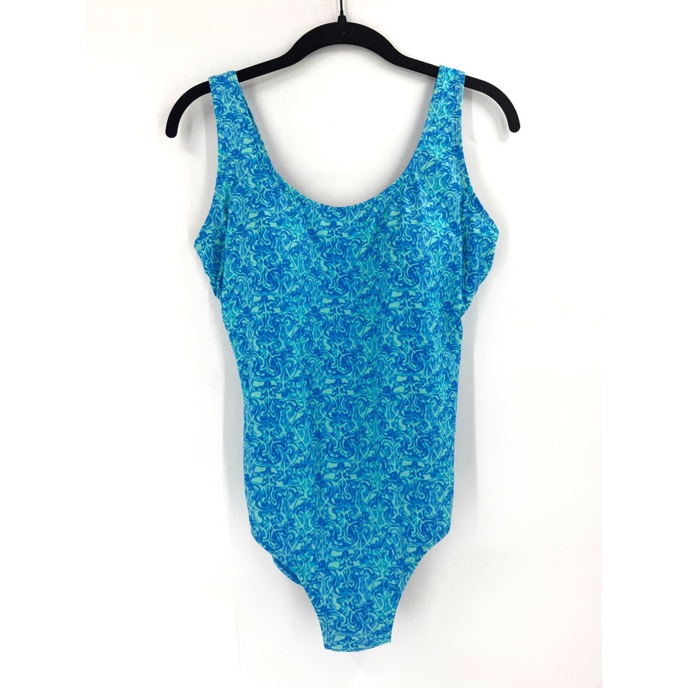 LL Bean One‎ Piece Swimsuit Size 8 Blue Scroll Print Coastal Athletic Swim